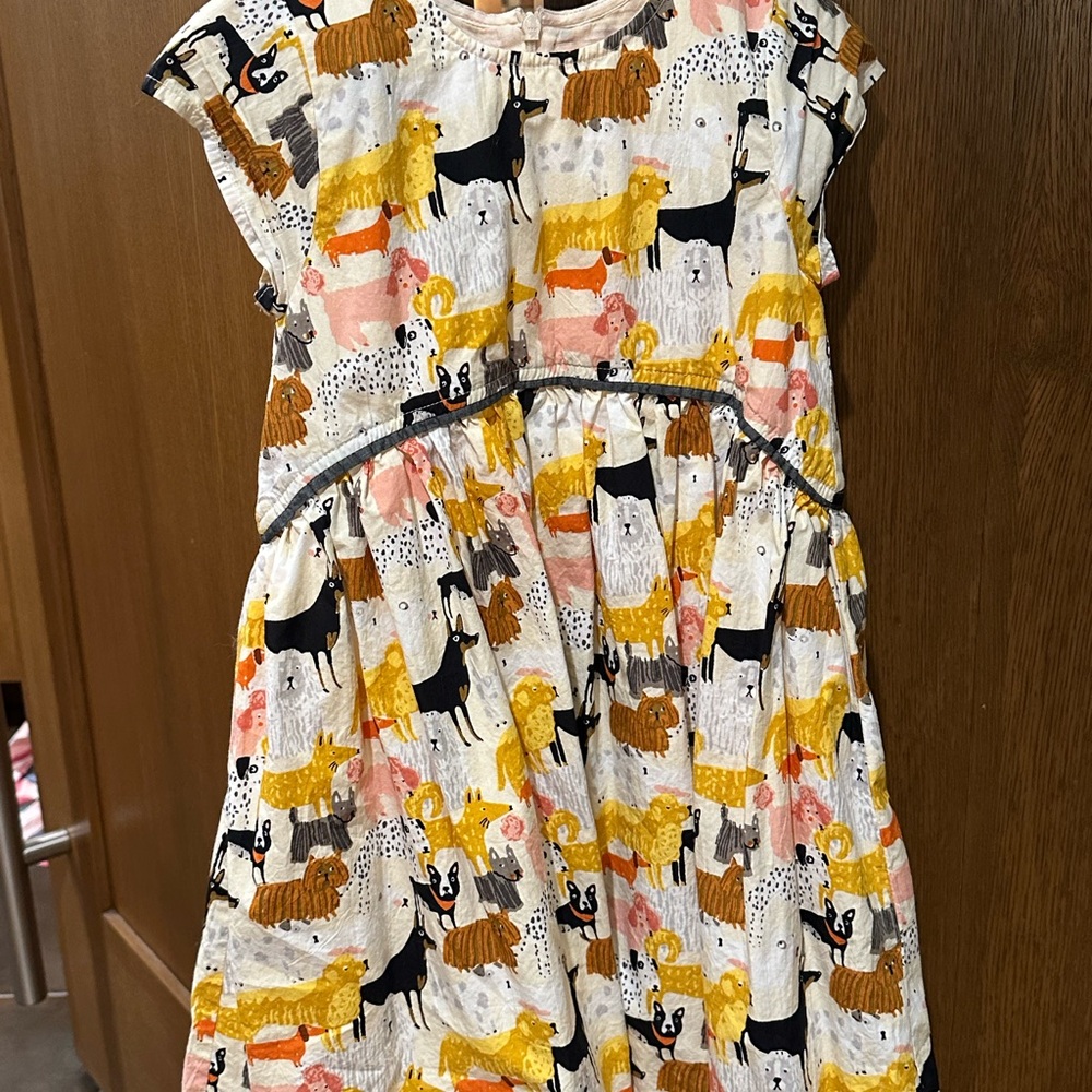Pink Chicken Kids Dress in White with Yellow, Pink & Black Dog Print